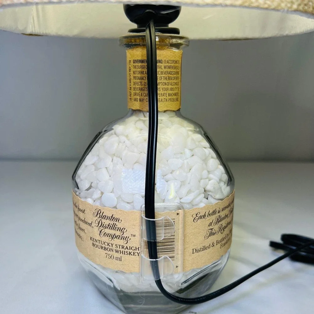 Blantons Bourbon Bottle Lamp Custom White Stone Fill Burlap Shade Rustic Decor‎